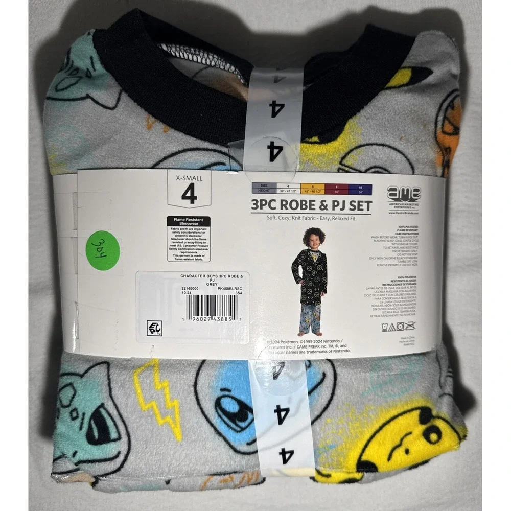 Pokemon | Boys 3-Piece Super‎ Soft Hooded Robe & Pajama Set | Size 4 X-Smal
